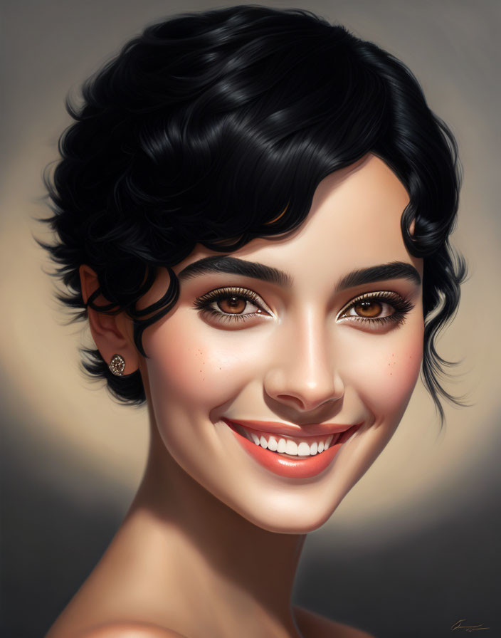 Portrait of a Woman with Short Curly Black Hair and Brown Eyes