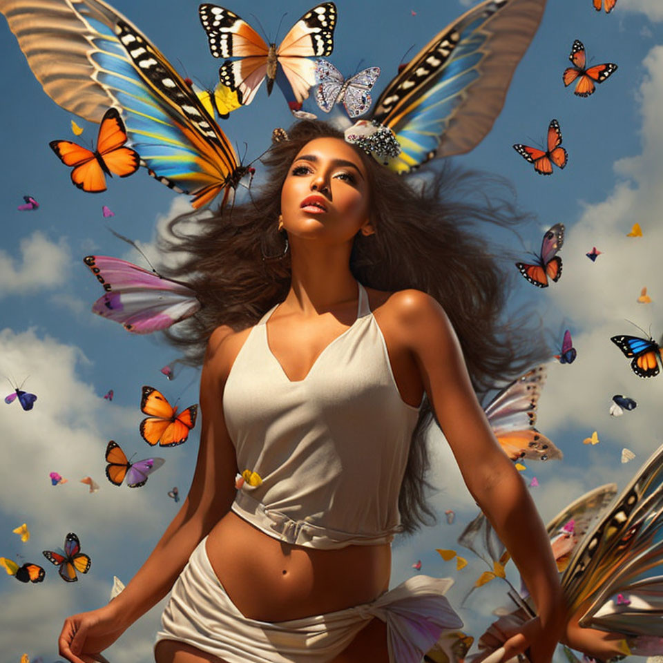 Woman with flowing hair and butterflies in vibrant cloudy sky.
