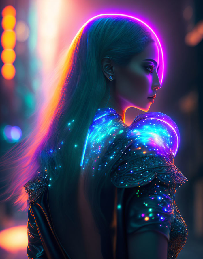 Profile of a Woman with Neon Outlines and Sparkling Lights in Futuristic Costume