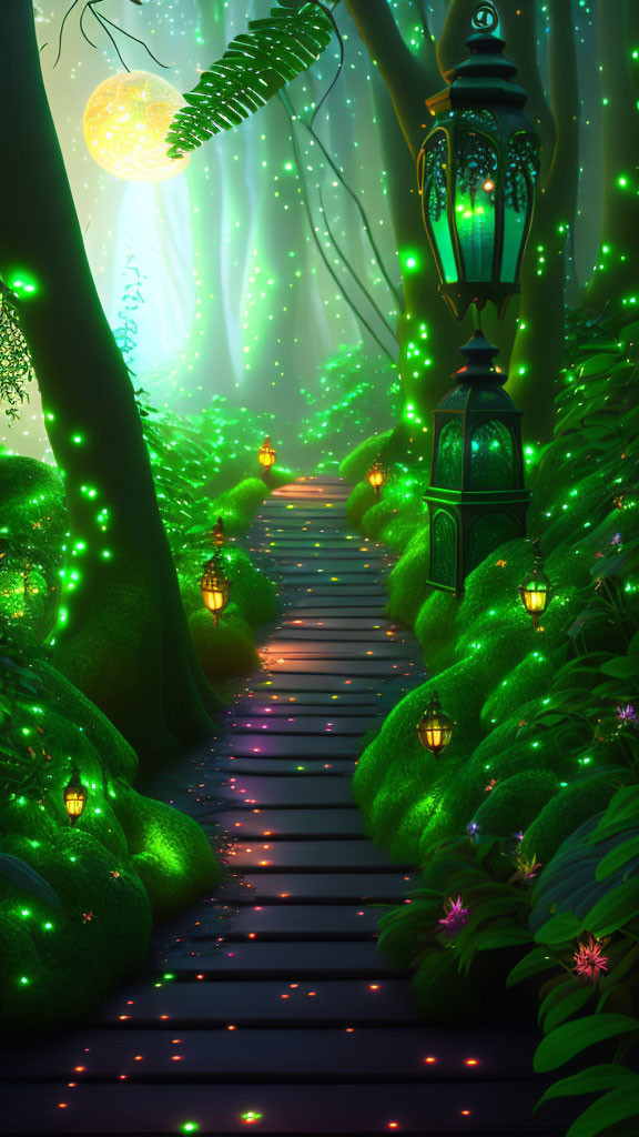 Enchanting forest path with glowing lanterns and lush greenery