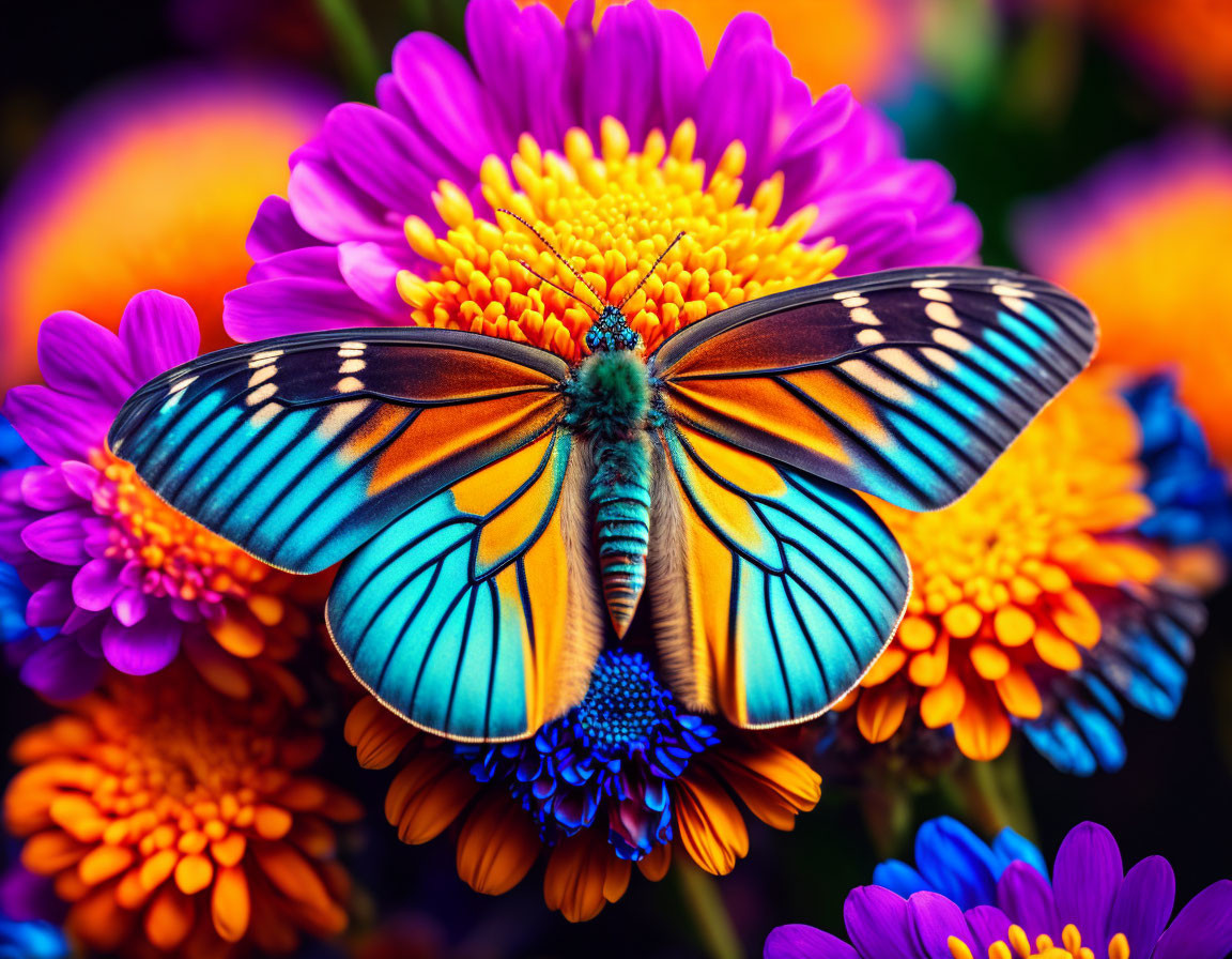 Colorful Butterfly on Multicolored Flower with Blue and Orange Wings