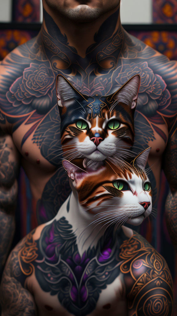 Person with Extensive Upper Body Tattoo Holding Two Vivid Cats