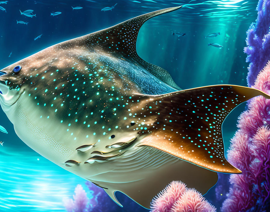 Majestic eagle ray swimming in vibrant coral reef scene