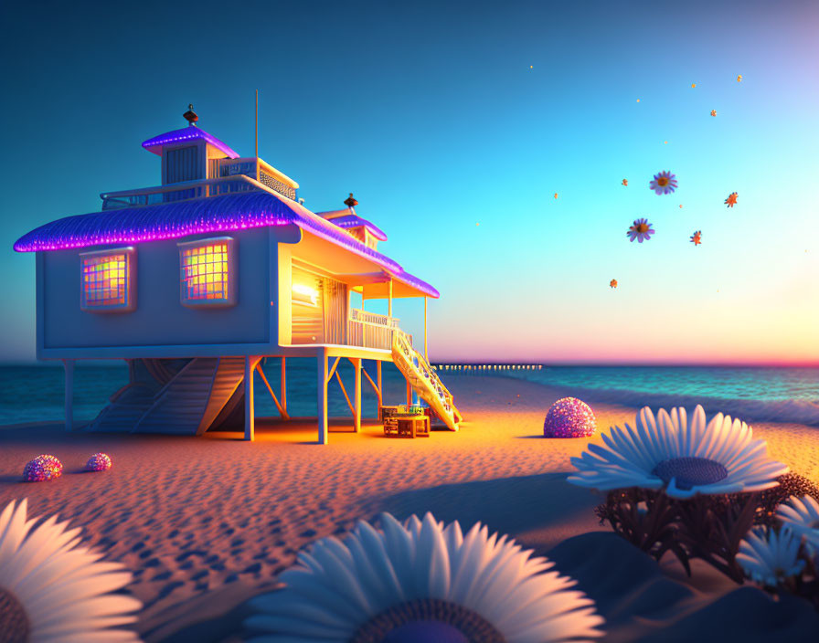 Luminous beach house with neon blue lights and glowing flowers at dusk