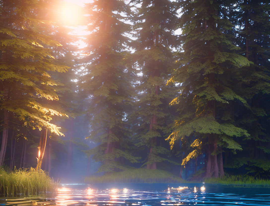 Tranquil forest scene with mist, sunlight, lake, and green trees