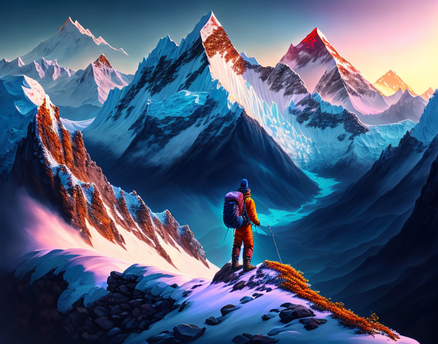 Trekker admires snowy ridge and mountain range at dawn or dusk