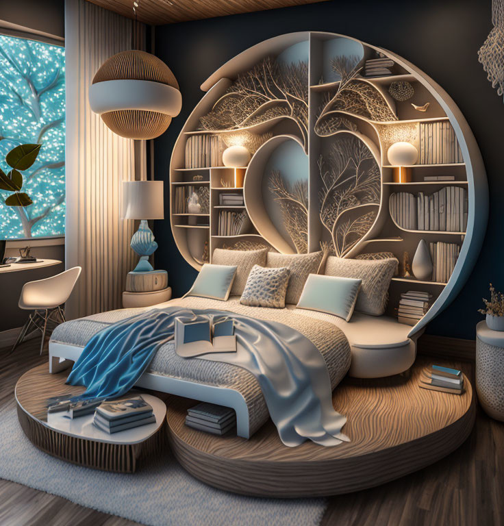 Modern Bedroom with Circular Bookshelf, Round Bed, and Nature Accents