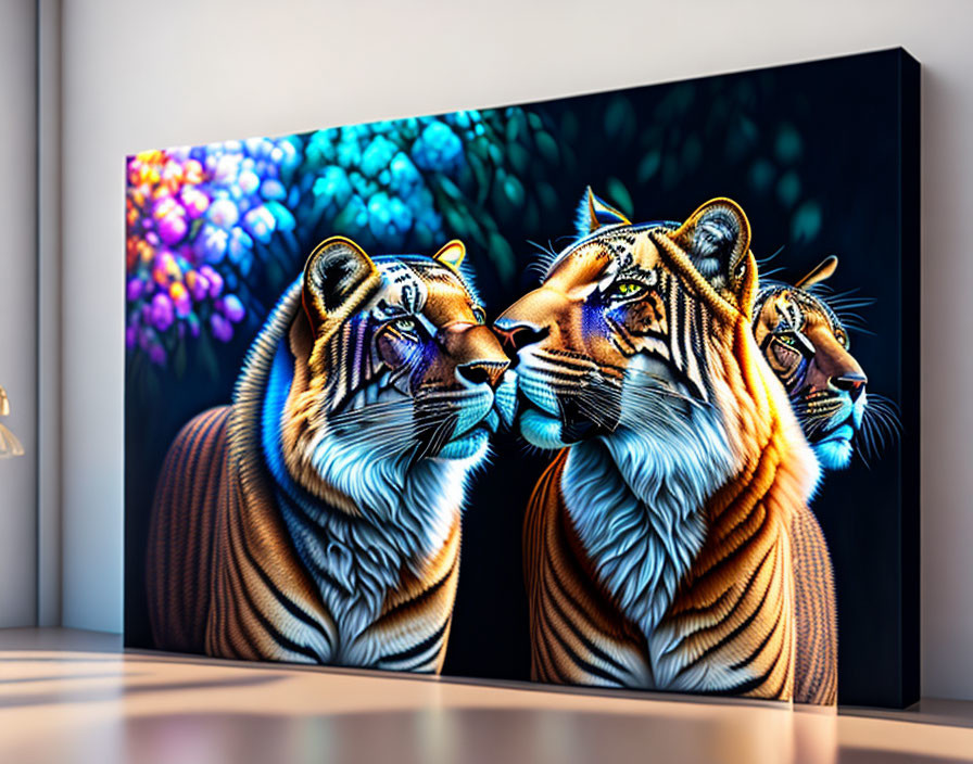 Three Tigers Canvas Art in Modern Room with Soft Lamp Lighting