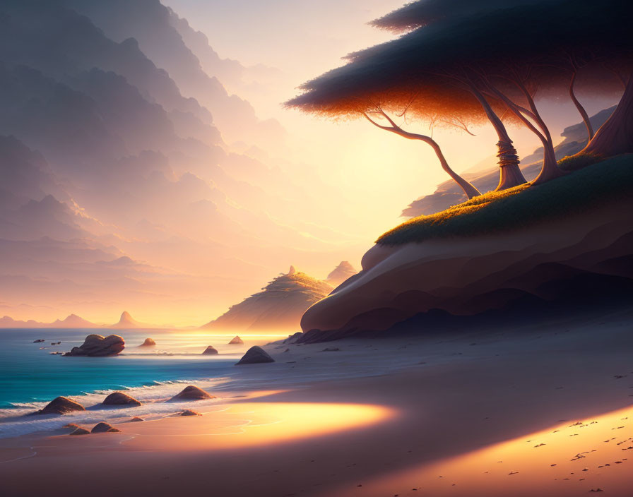 Tranquil Sunset Beach with Cliff Trees & Mountain View