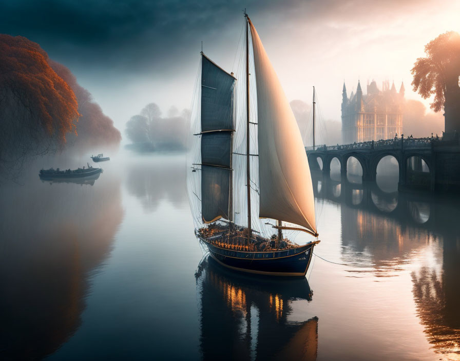 Tranquil sailboat on calm water with mist, bridge, and autumn trees