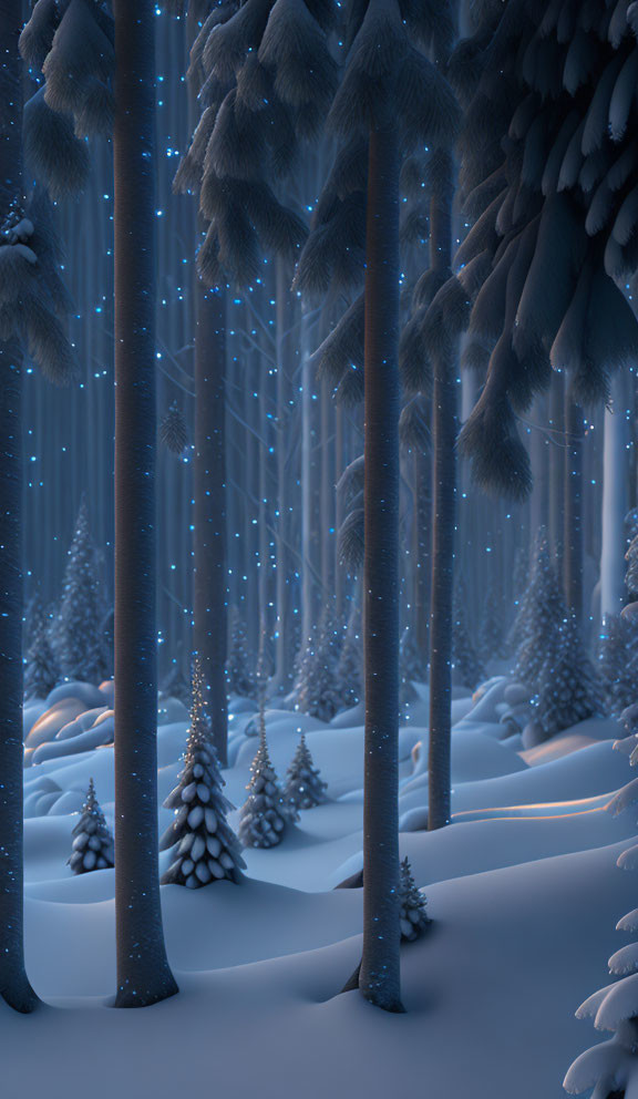 Snow-covered Winter Forest Scene with Gentle Snowfall