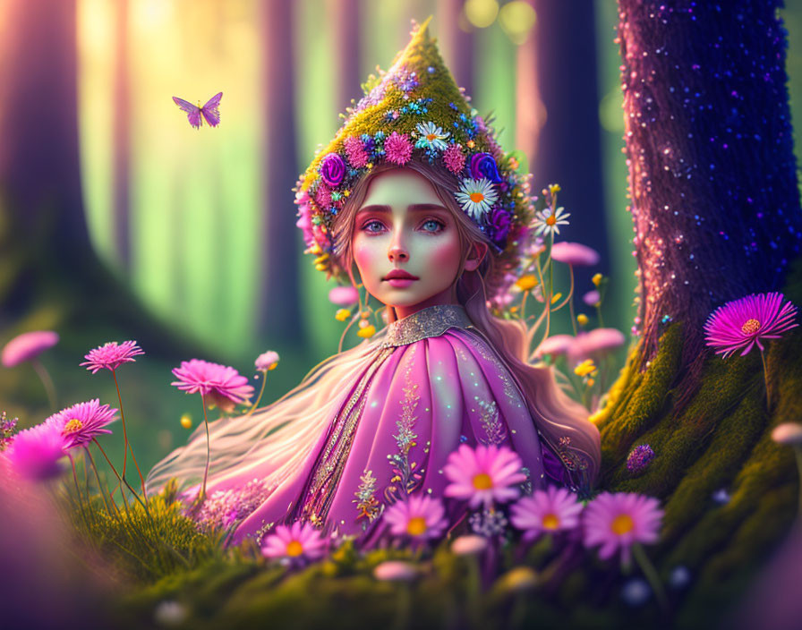 Illustration of young woman in pink gown with flower hat in enchanted forest