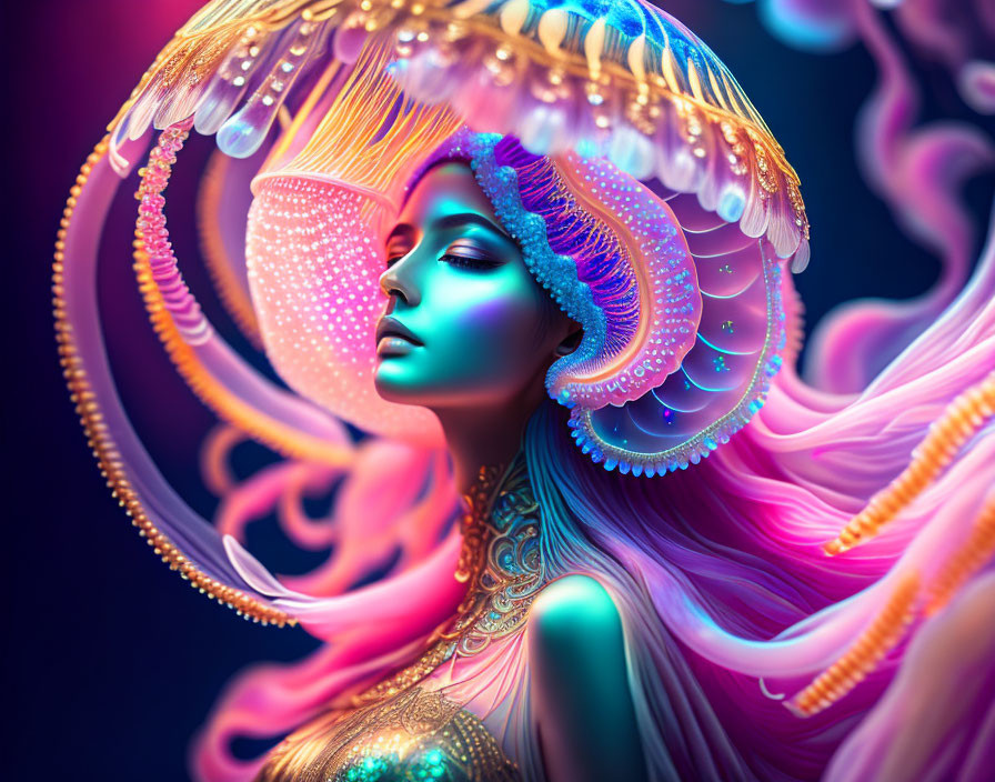 Digital Artwork: Female Figure with Pink Hair and Marine Life Headdress