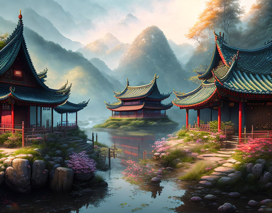 Asian Pavilions Surrounded by River, Mountains, and Flowers