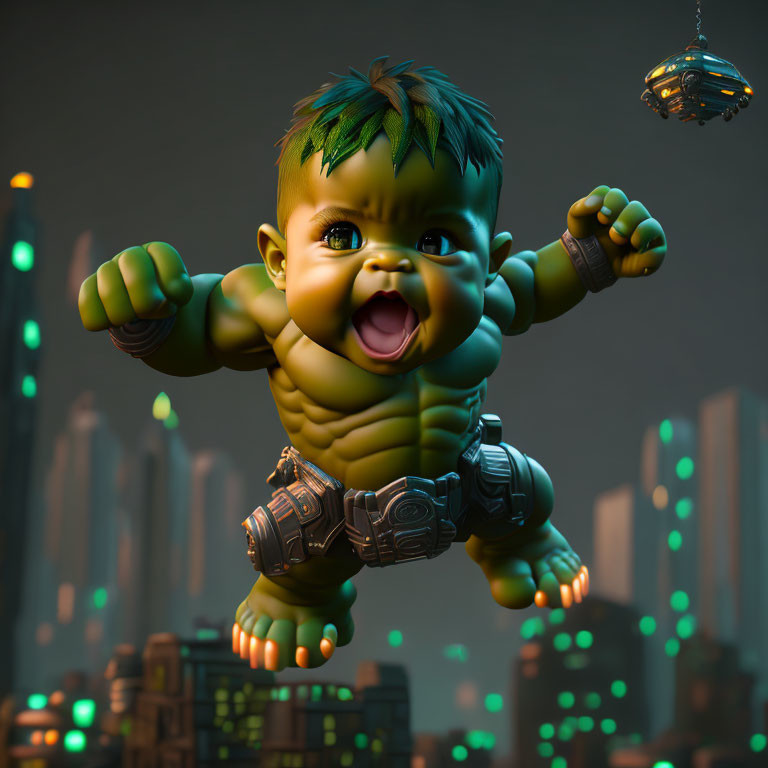 Giant baby with cybernetic enhancements in futuristic city at night