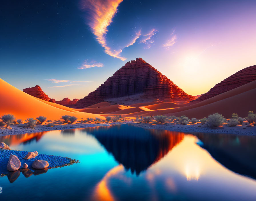 Desert Oasis at Twilight with Blue Water and Sand Dunes