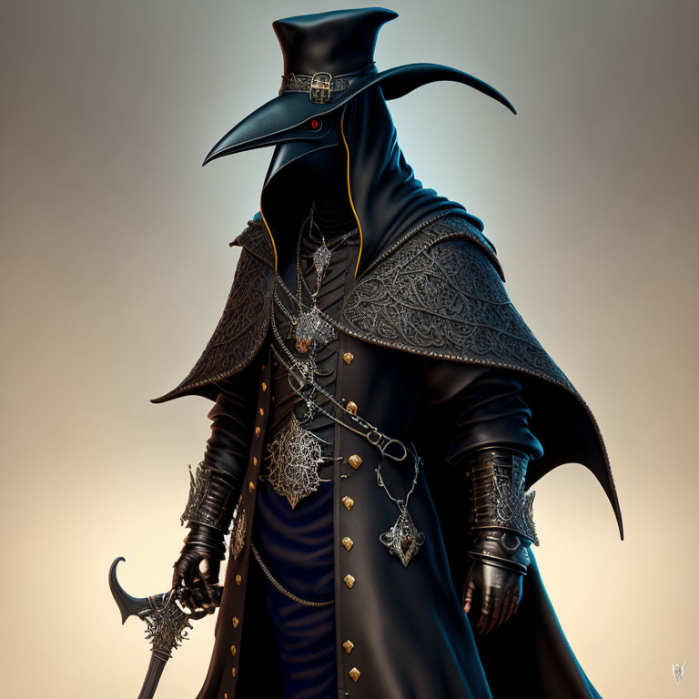 Detailed Illustration of Figure in Black and Blue Cloak with Plague Doctor Mask