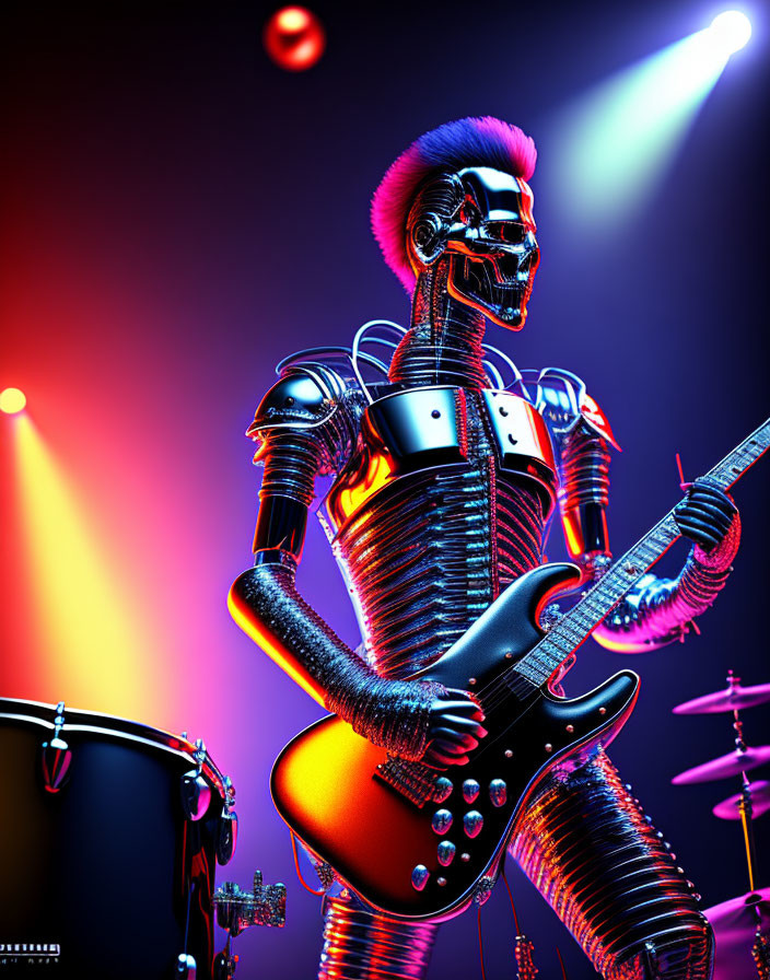 Vibrant robotic figure with mohawk playing guitar on stage