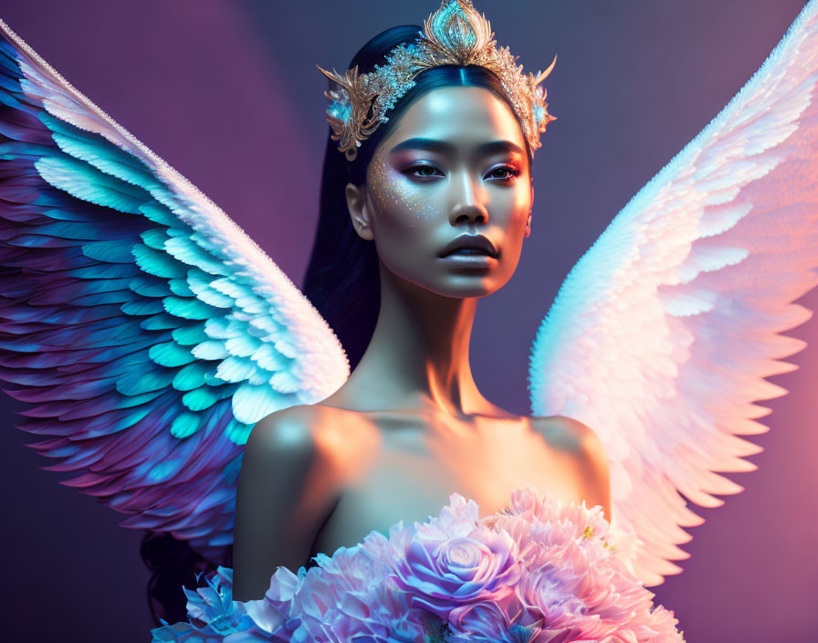 Model wearing angel wings and golden leaf crown in floral bodice on purple backdrop.