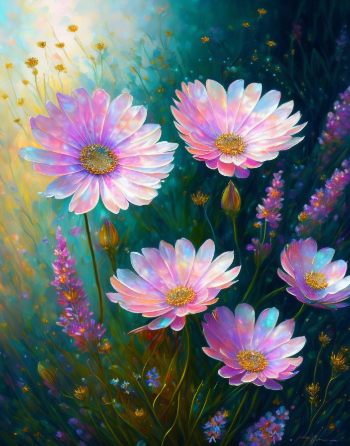 Vibrant pink iridescent daisies with golden centers in lush meadow