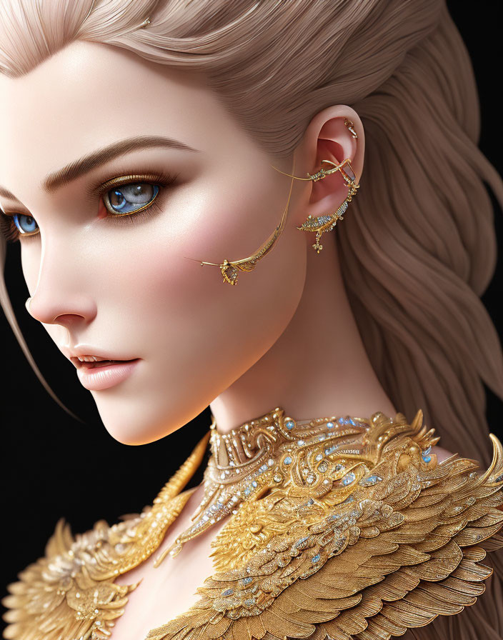 Detailed digital portrait: woman with gold feather-like jewelry, blue eyes, golden ear accessories on dark background