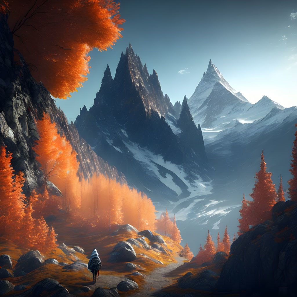 Figure Walking in Valley with Orange Foliage and Snow-Capped Peaks