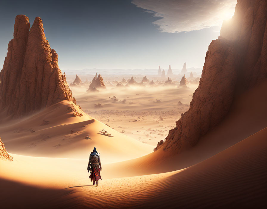 Traditional robed figure walking in vast desert landscape