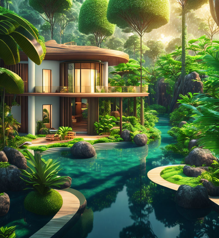 Modern house with large windows in lush jungle with pond view.