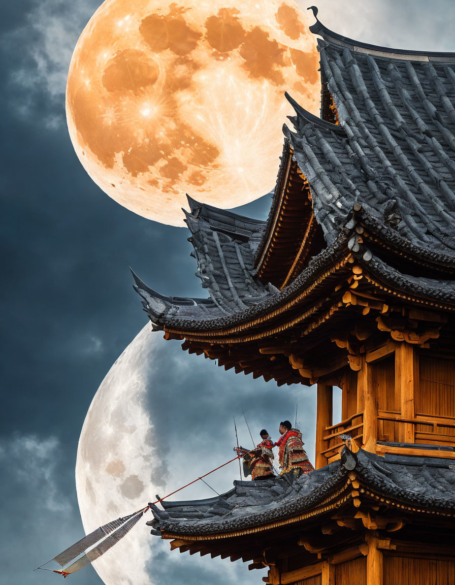 Three people in traditional attire on ancient pagoda roof with large moon in backdrop and dramatic sky.