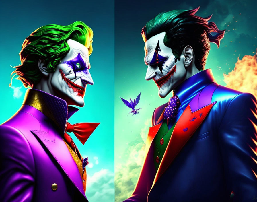 Stylized Joker character illustrations in two poses on colorful background