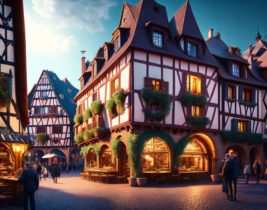 Traditional European Village Street at Dusk with Half-Timbered Buildings