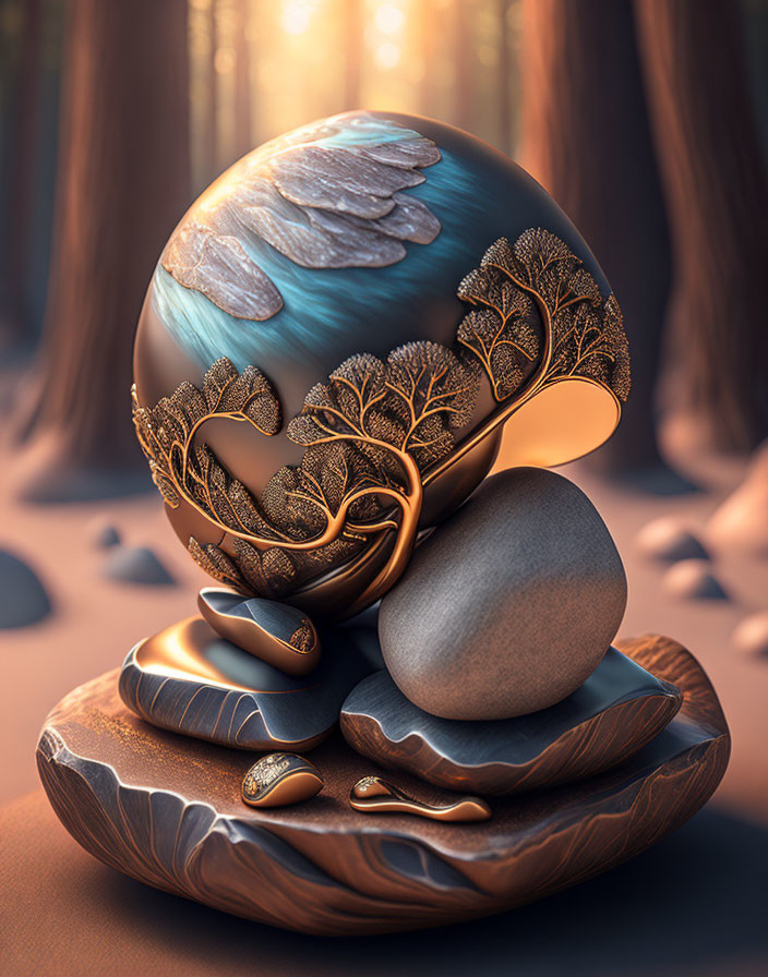 Surreal 3D digital artwork: sphere with golden tree designs in forest at dusk