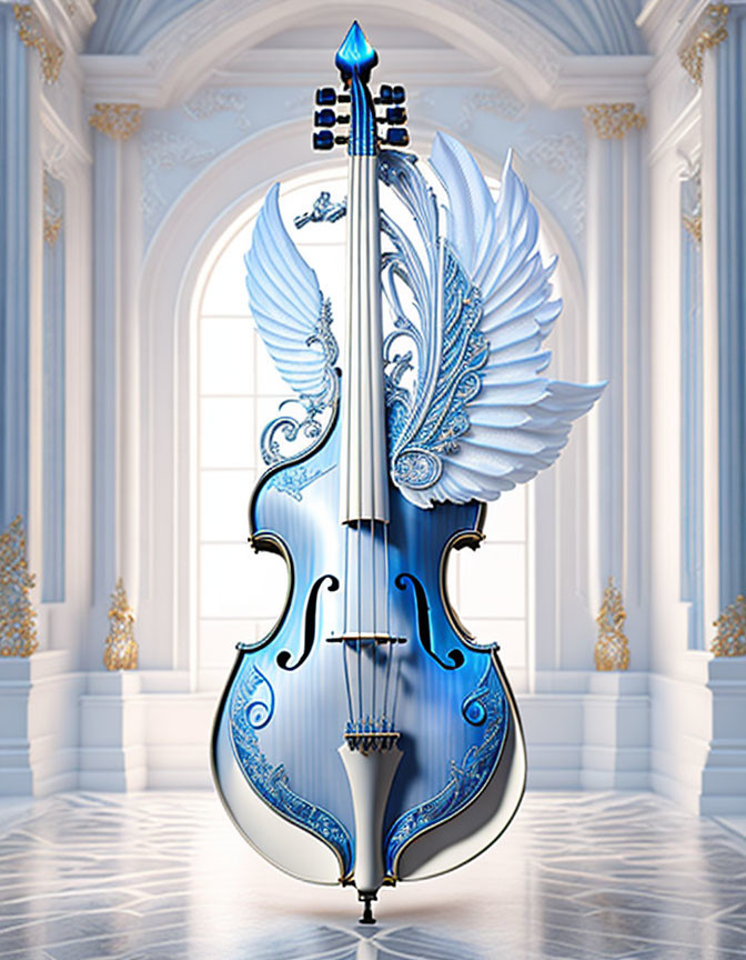 Blue and White Ornate Violin with Wing Designs in Elegant Room