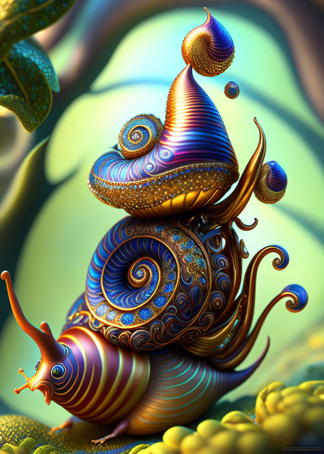 Colorful digital artwork featuring whimsical snail-like creatures with intricate spiral-patterned shells in a fantasy