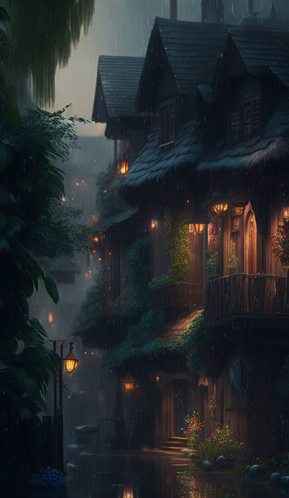 Multi-story house with lights on rainy evening and glowing street lamp amid lush greenery