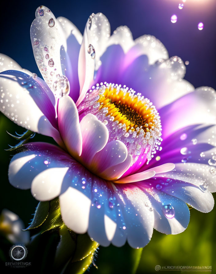 Close-up of dew-covered purple and white flower in sunlight