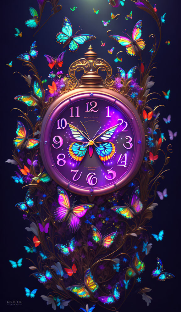 Ornate clock with butterfly motifs on dark background surrounded by vibrant butterflies