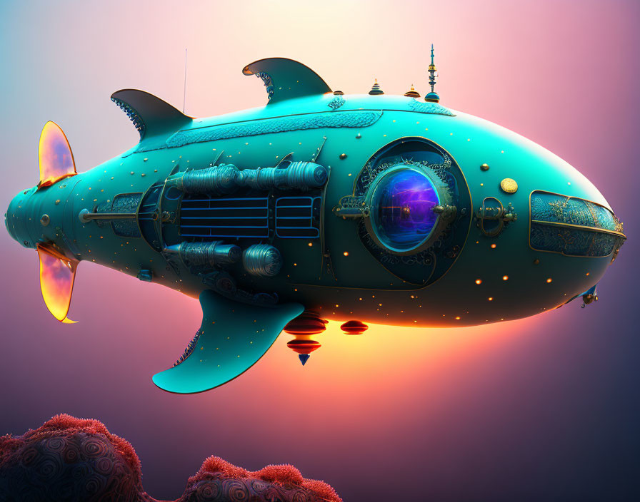 Whimsical fish-shaped submarine illustration on gradient background