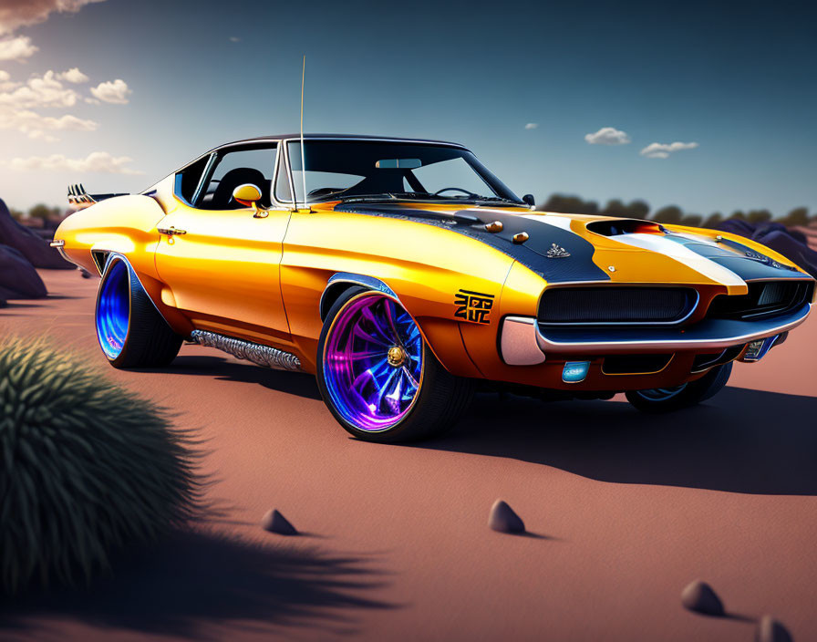 Classic Muscle Car with Orange Body, Black Stripes, and Purple Wheels on Desert Road