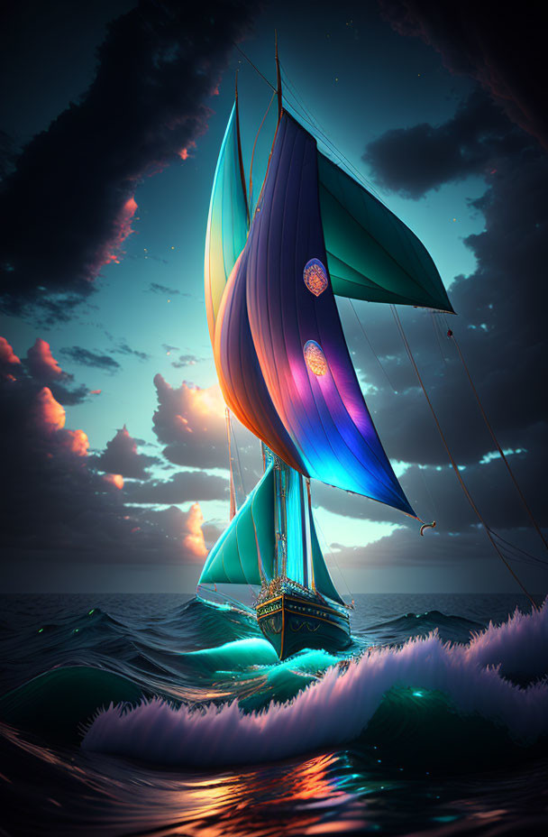 Colorful Sailboat Gliding on Ocean Waves at Twilight