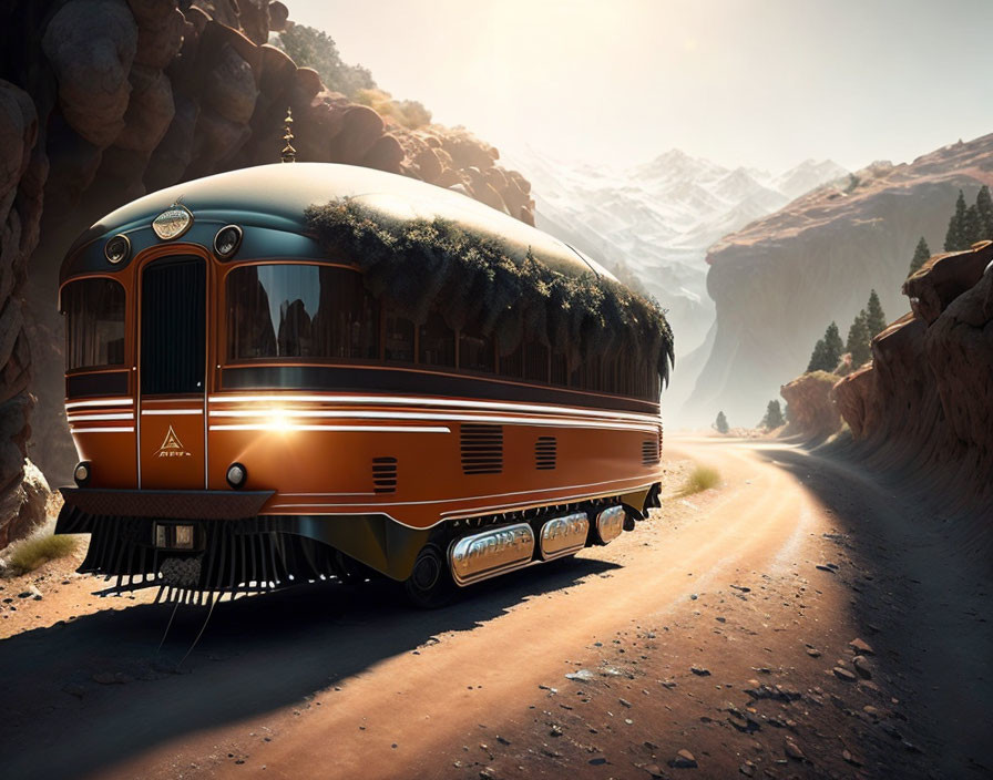 Vintage-style bus with futuristic elements on desert road surrounded by rocky cliffs