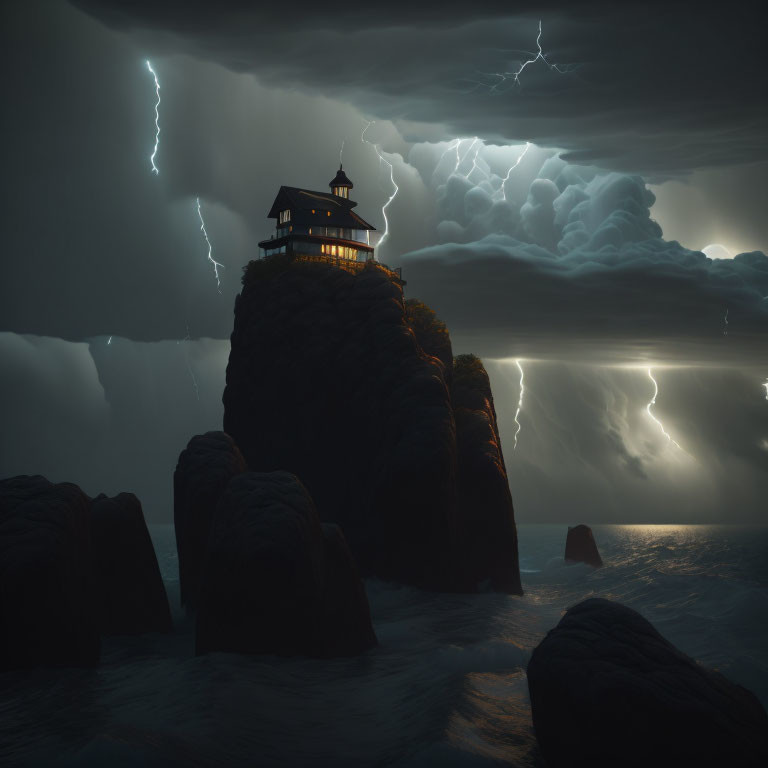 House on rocky cliff during storm with lightning over sea