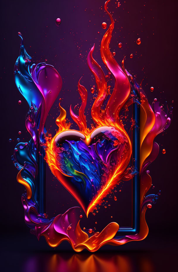 Colorful heart-shaped flames and splashes on dark background.