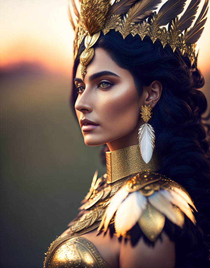 Woman in ornate gold headpiece and jewelry with feather details in sunlit dusk setting