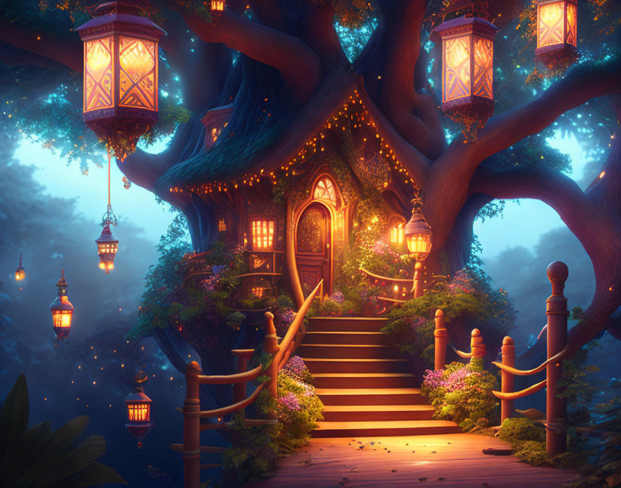 Enchanting forest treehouse with glowing lanterns and cozy lights