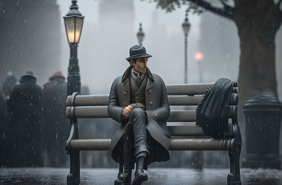 Pensive person on park bench in rain with lampposts and blurred figures