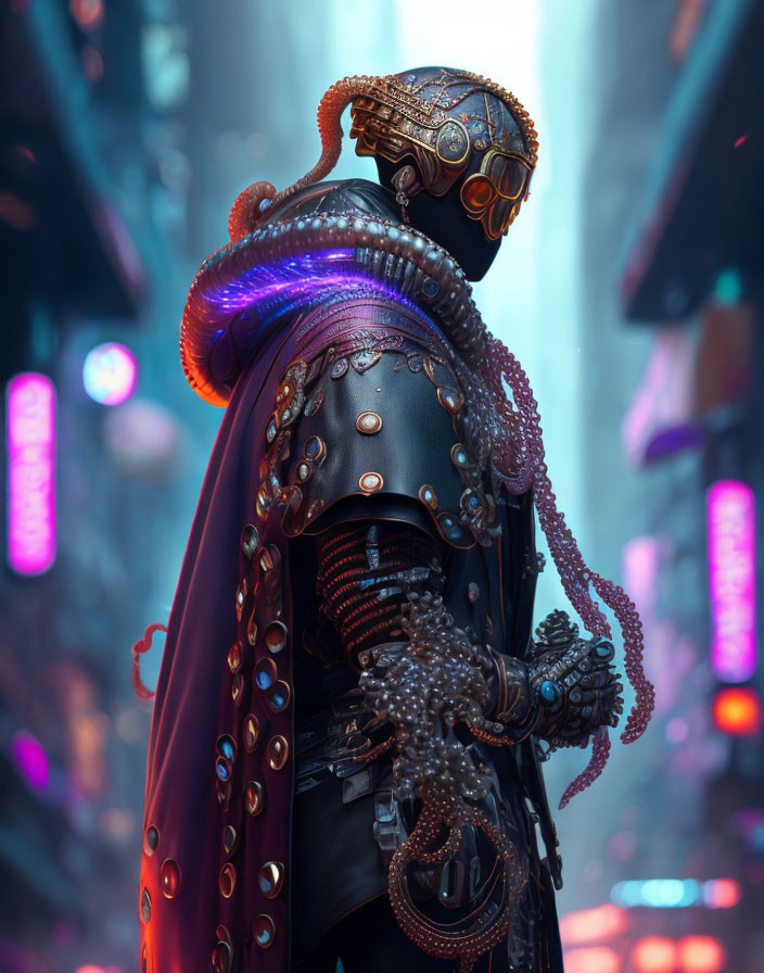 Enigmatic sci-fi figure in futuristic suit amid neon-lit urban setting