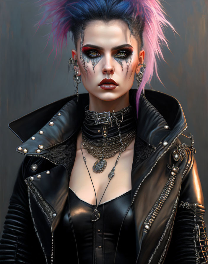 Blue and Pink Hair Woman in Punk Rock Attire