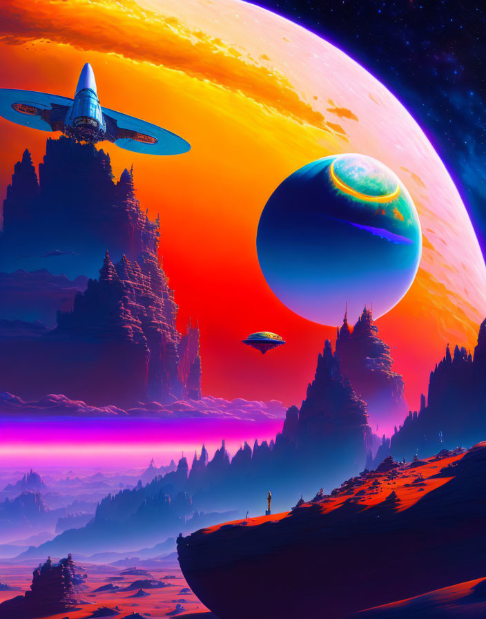 Person on cliff in vibrant sci-fi landscape with planets, saucers, and rock formations