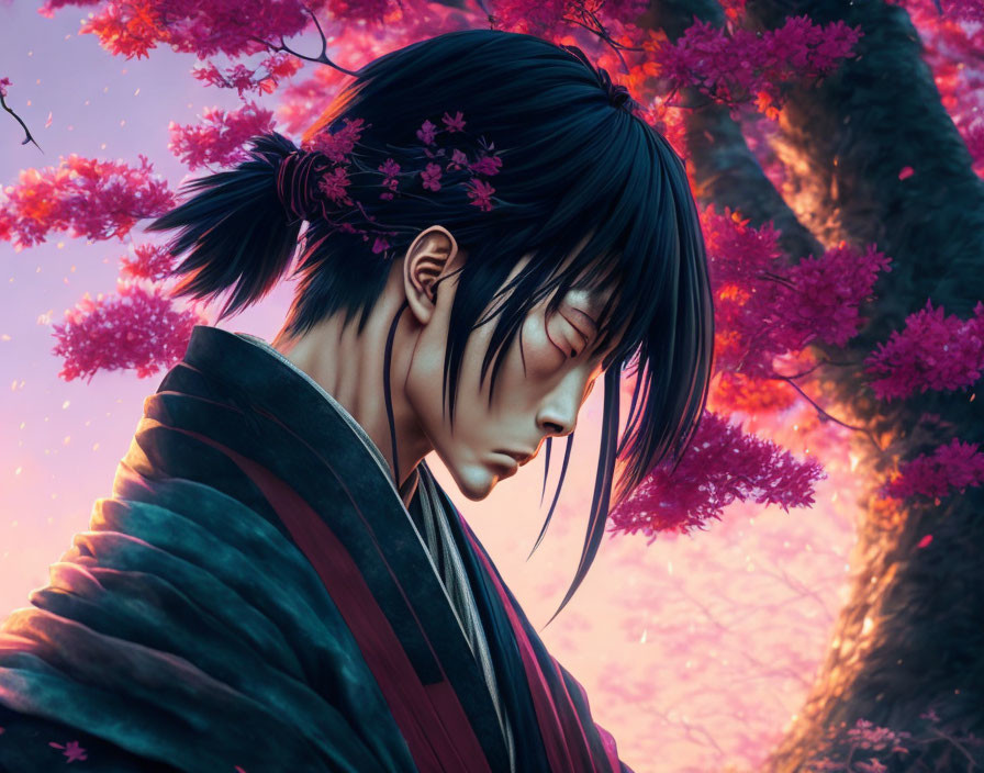 Contemplative individual with long black hair under pink cherry blossom tree